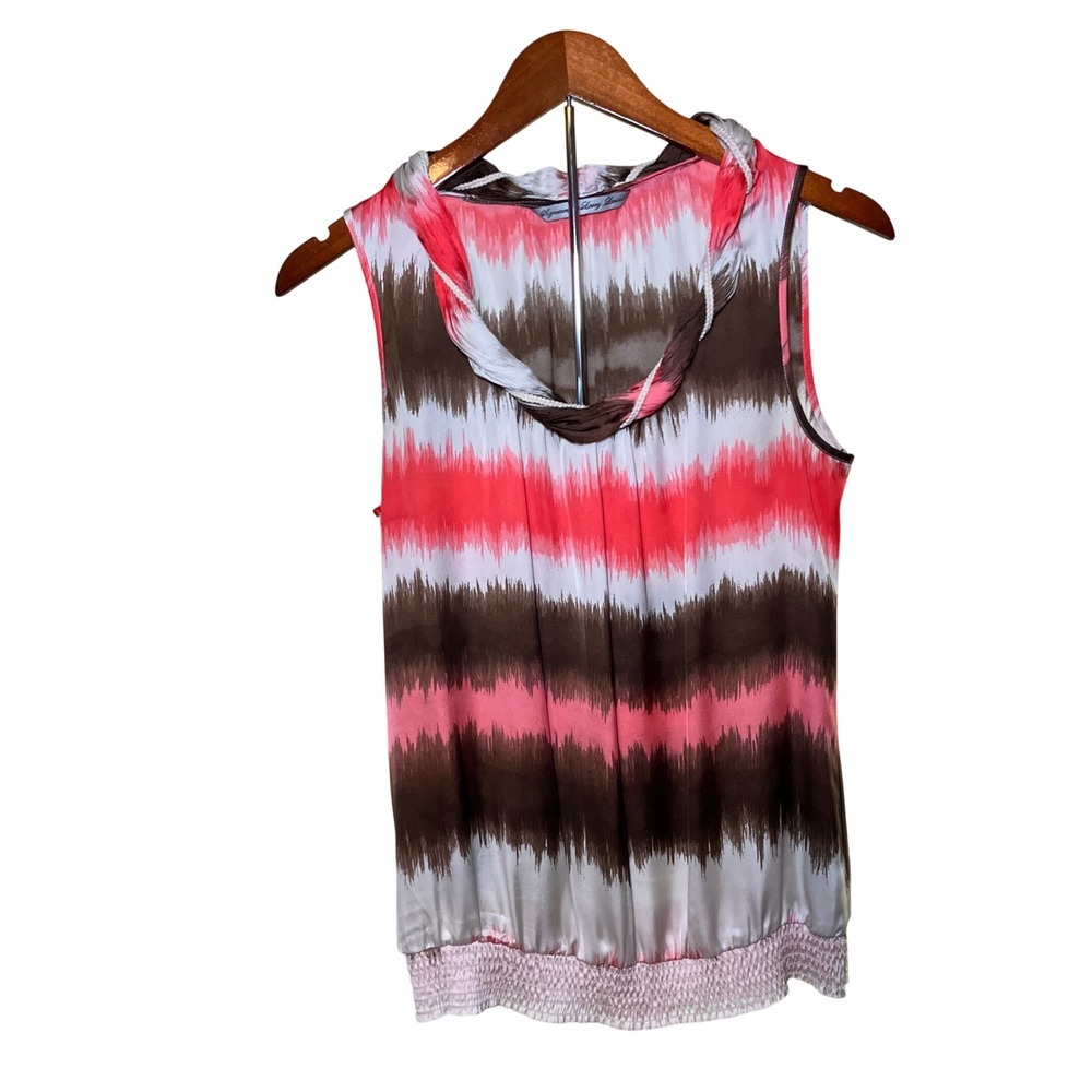 Signature by Larry Levine Blouse Womens S Coral Brown Ikat Cowl Neck Smocked Hem